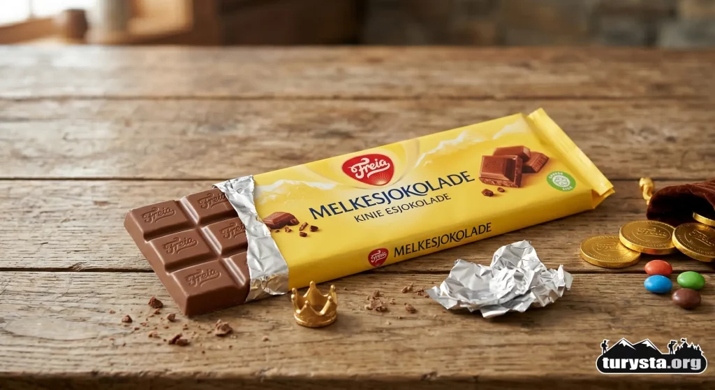 Otwarta mleczna czekolada Freia Melkesjokolade w żółtym opakowaniu leżąca na drewnianym stole.