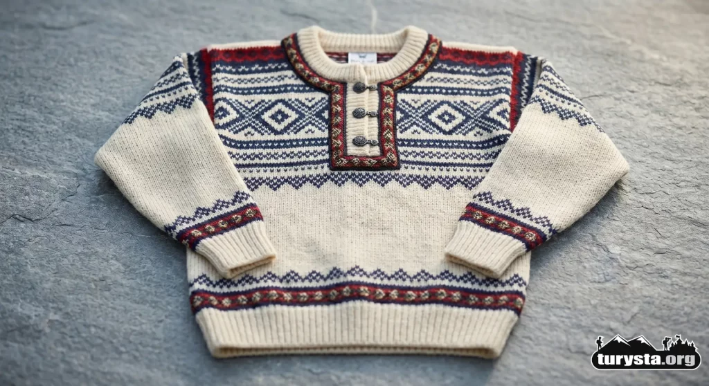 Tradycyjny norweski sweter wełniany mariusgenser z geometrycznymi wzorami leżący na kamiennym tle.