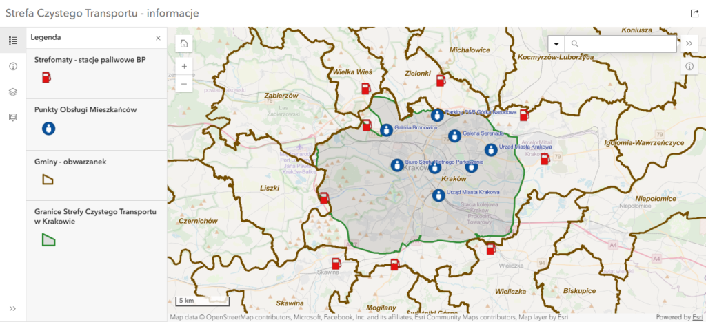 Mapa strefomatów SCT w Krakowie – lokalizacje stacji BP przy drogach wjazdowych
