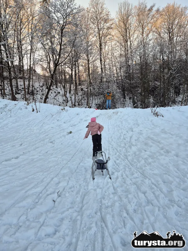 Popularna górka na sanki w Rabce-Zdroju za lodowiskiem.