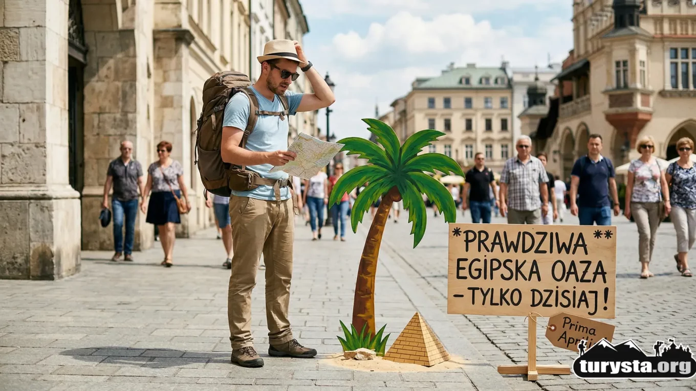 Zdezorientowany turysta drapie się w głowę przed fałszywą „Egipską Oazą” na chodniku, ilustrujący mity turystyczne i żart na 1 kwietnia