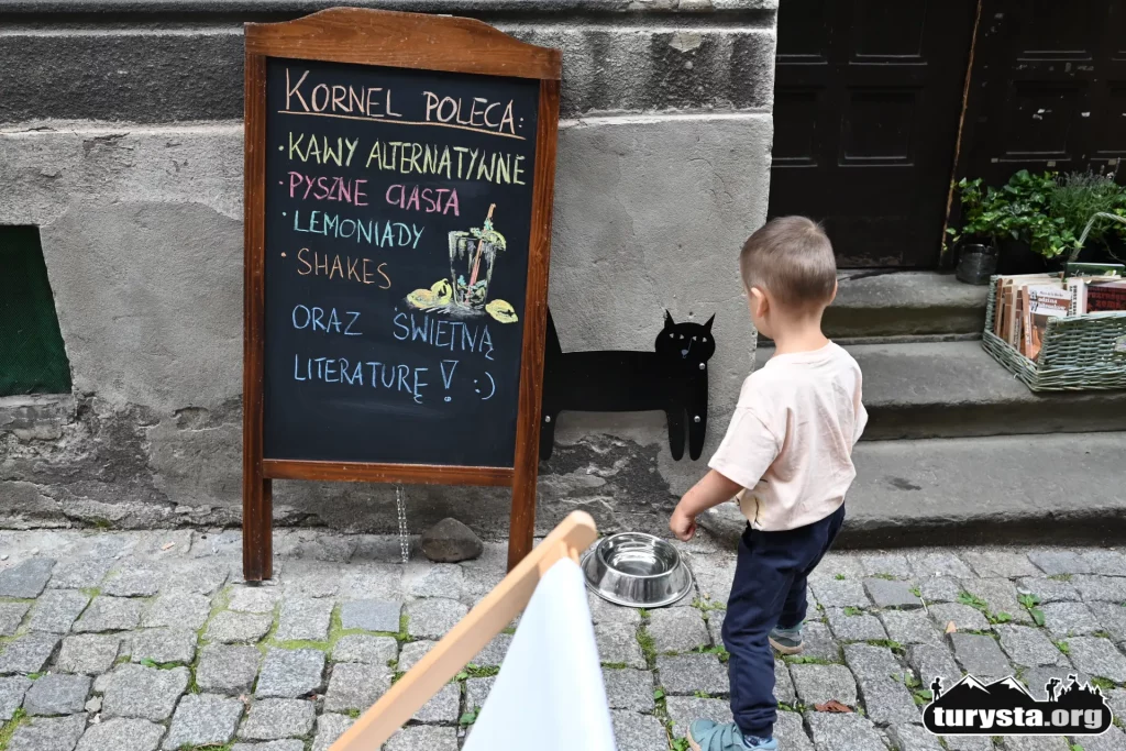 Małe dziecko stojące przed wejściem do urokliwej księgarni Kornel i Przyjaciele w Cieszynie.