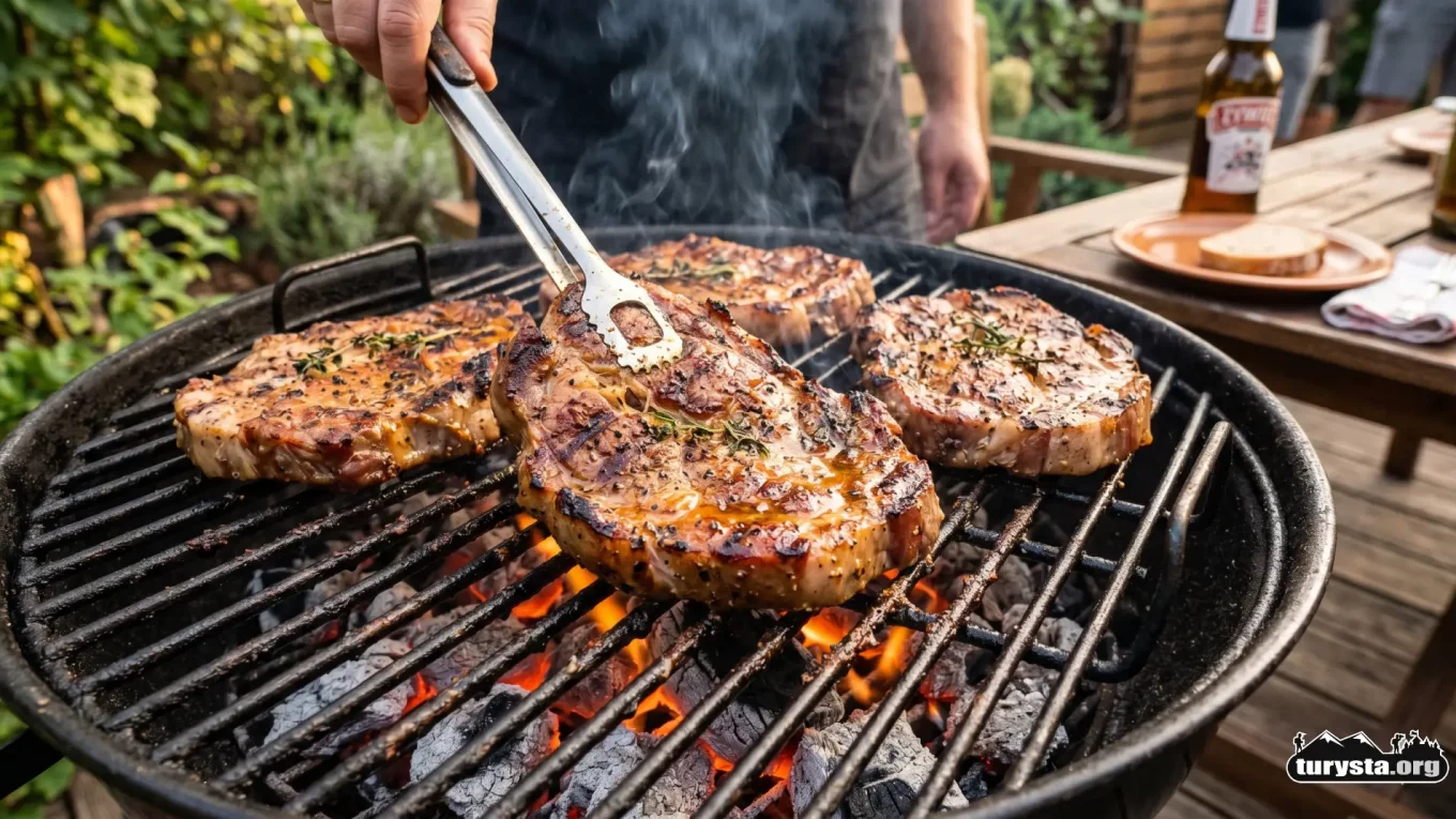 Soczysta grillowana karkówka na grillu węglowym w ogrodzie letnim