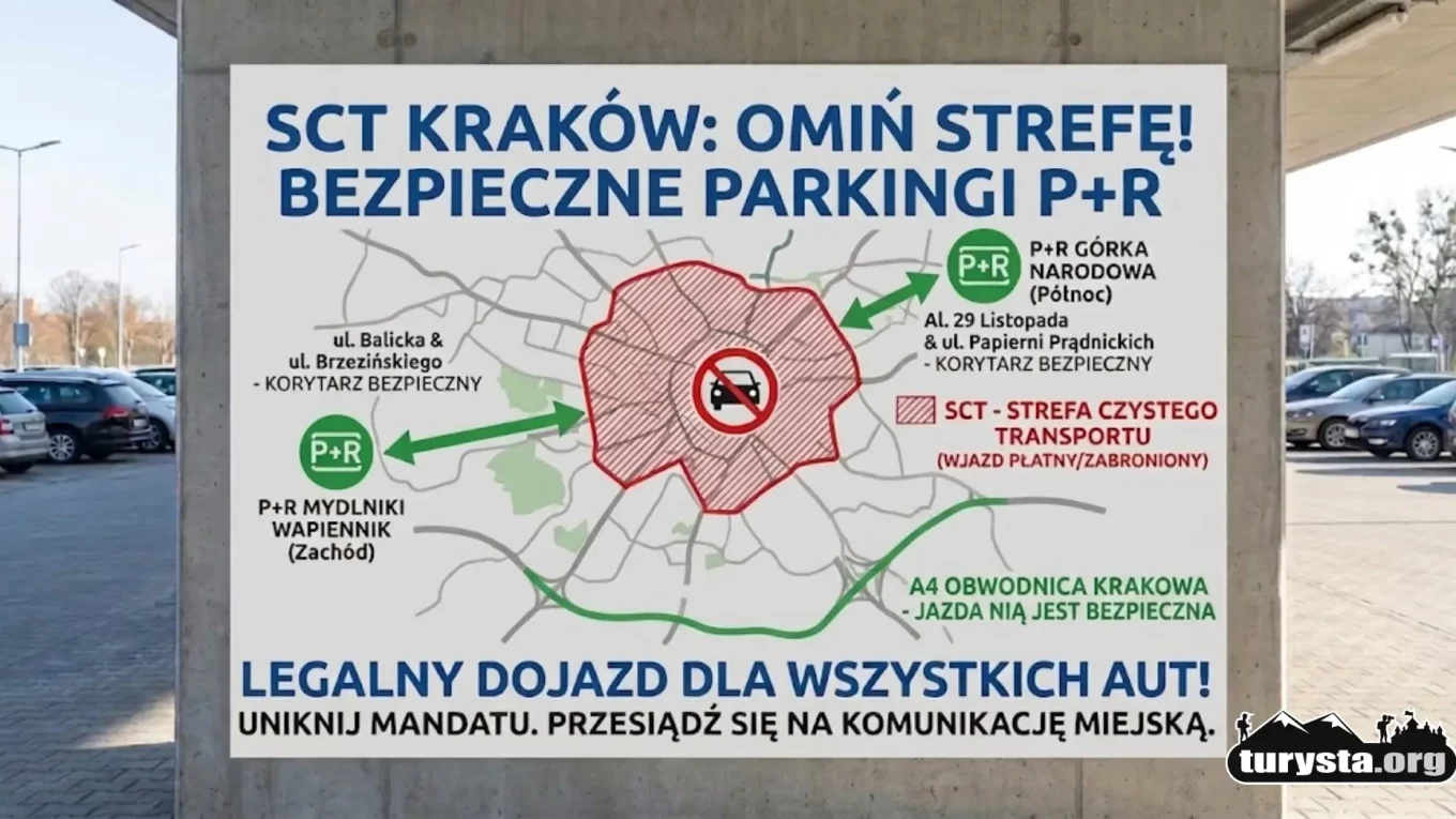 Mapa pokazująca jak ominąć SCT w Krakowie: bezpieczne parkingi P+R Mydlniki Wapiennik i Górka Narodowa oraz bezpłatna autostrada A4.
