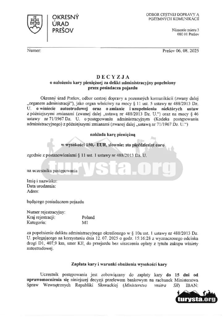 Zanonimizowana decyzja o nałożeniu kary za brak winiety na Słowacji w wysokości 150 euro.