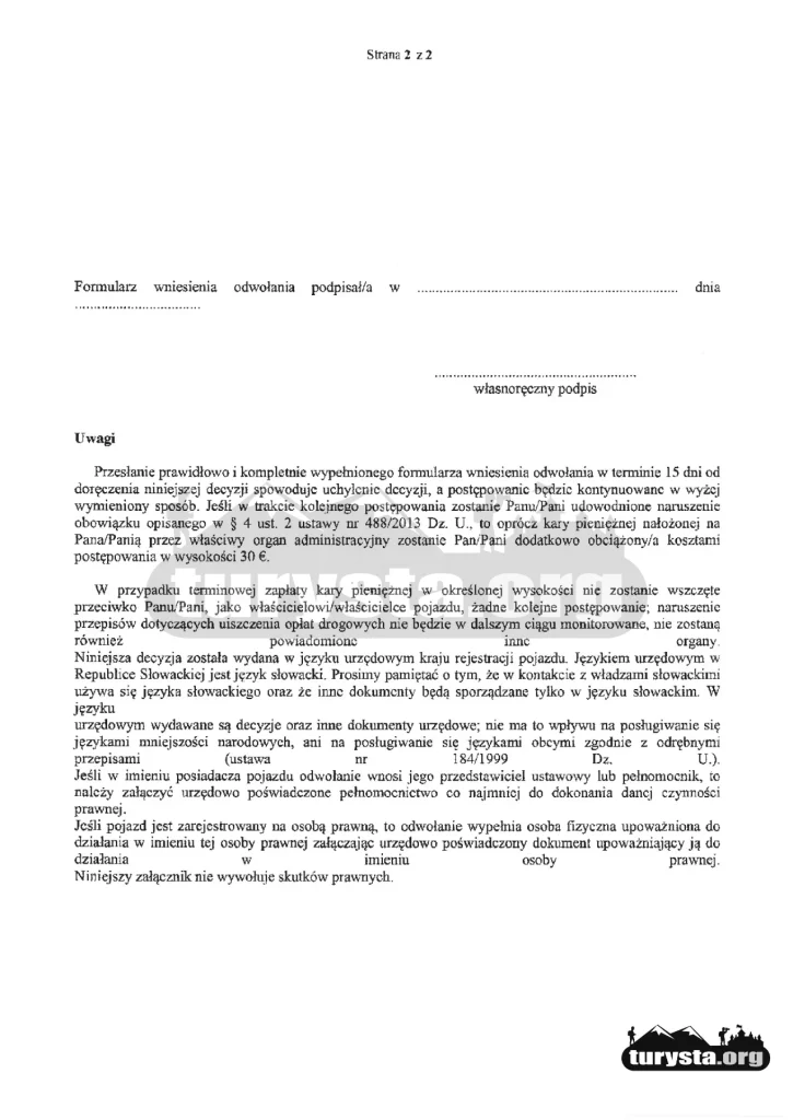 Słowacki formularz odwołania od decyzji o karze za winietę autostradową druga strona