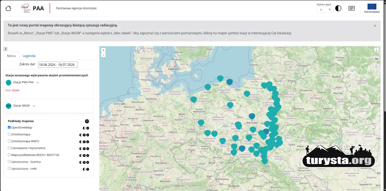 Aktualna mapa stacji wczesnego wykrywania skażeń promieniotwórczych w Polsce na portalu PAA.