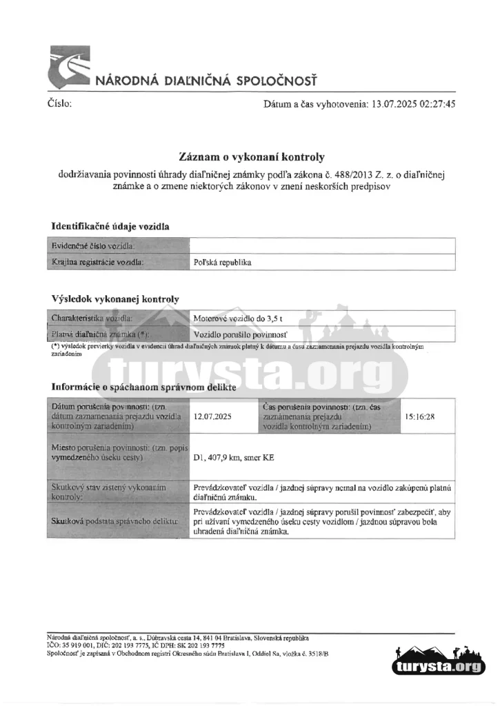 Protokół kontroli słowackiego systemu poboru opłat za winiety.