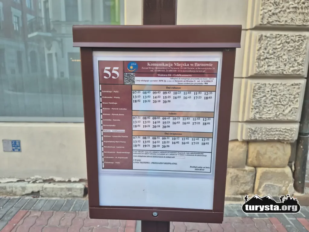 Rozkład jazdy darmowego autobusu linii 55 na przystanku Wałowa 04 Goldhammera w Tarnowie.