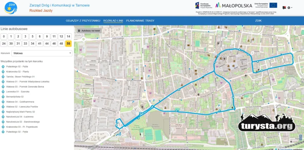 Mapa przedstawiająca trasę przejazdu darmowego autobusu linii 55 w centrum Tarnowa.