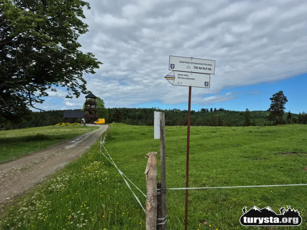 Tabliczki i oznaczenia żółtego szlaku turystycznego wyznaczającego drogę na Marysiną Polanę.